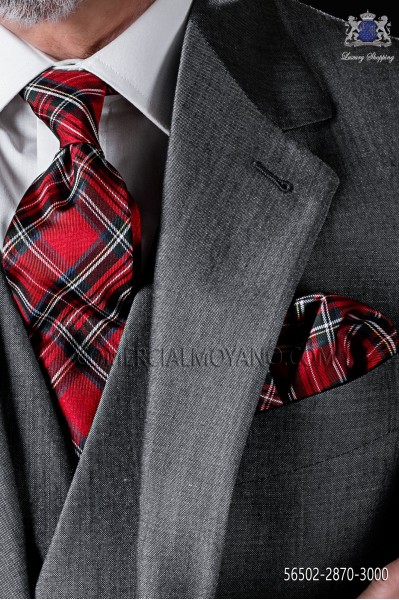 Corbata y pañuelo de bolsillo diseño tartán rojo en pura seda