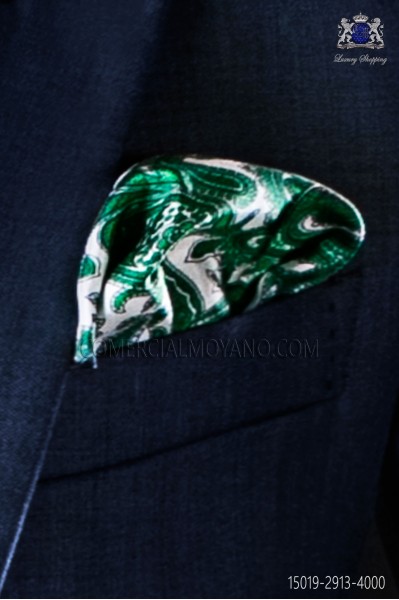 Pure silk pocket handkerchief with green paisley design