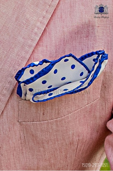 Pure silk white pocket square royal blue polka dots