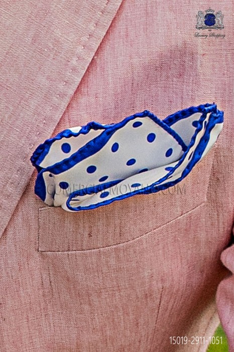 Einstecktuch weiß mit royal blaue Tupfen Design aus Seide