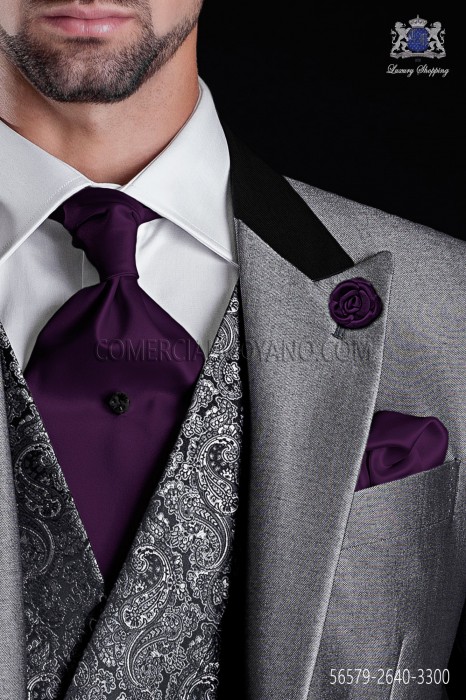 Purple satin ascot tie and pocket handkerchief