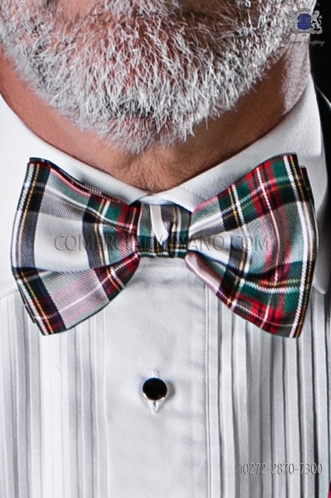 White, green and red silk tartan bow tie