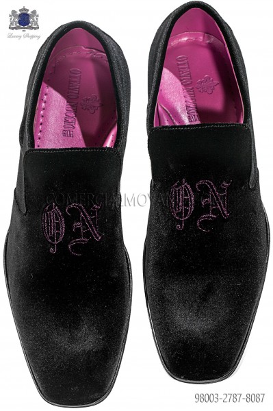 Black velvet slipper shoes with purple ON design embroidery 