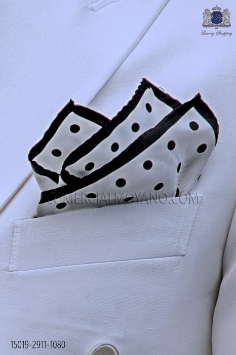 Pure silk white pocket square black polka dots