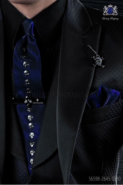 Blue lurex tie and handkerchief with skulls transfers