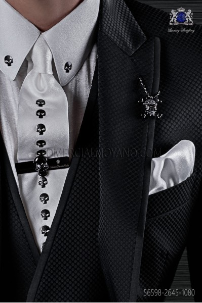 White lurex necktie and scarf with skull appliques