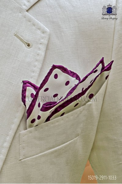 Pure silk white pocket square purple polka dots