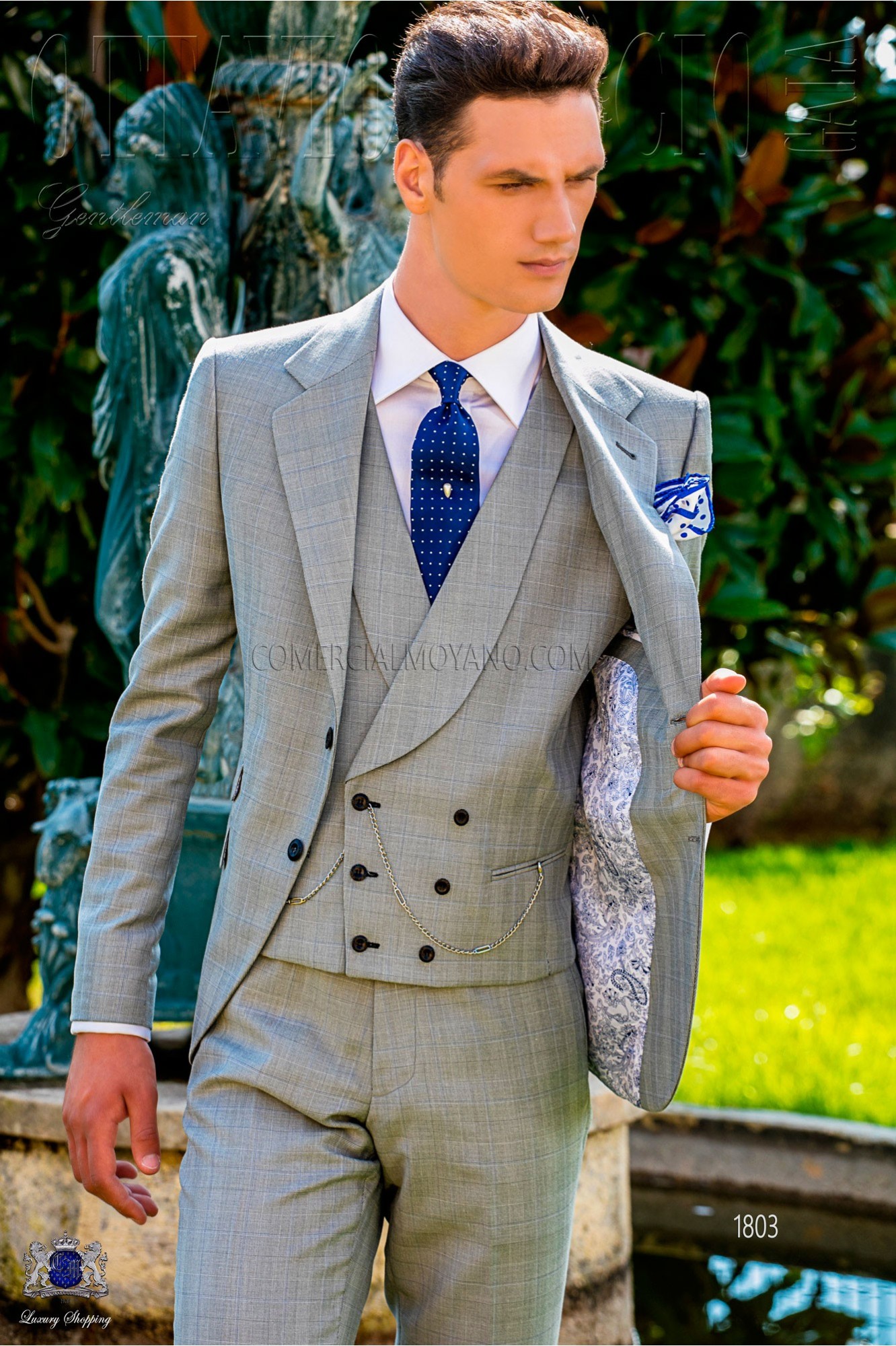 Bespoke Prince of Wales light grey and blue suit model 1803 Mario Moyano