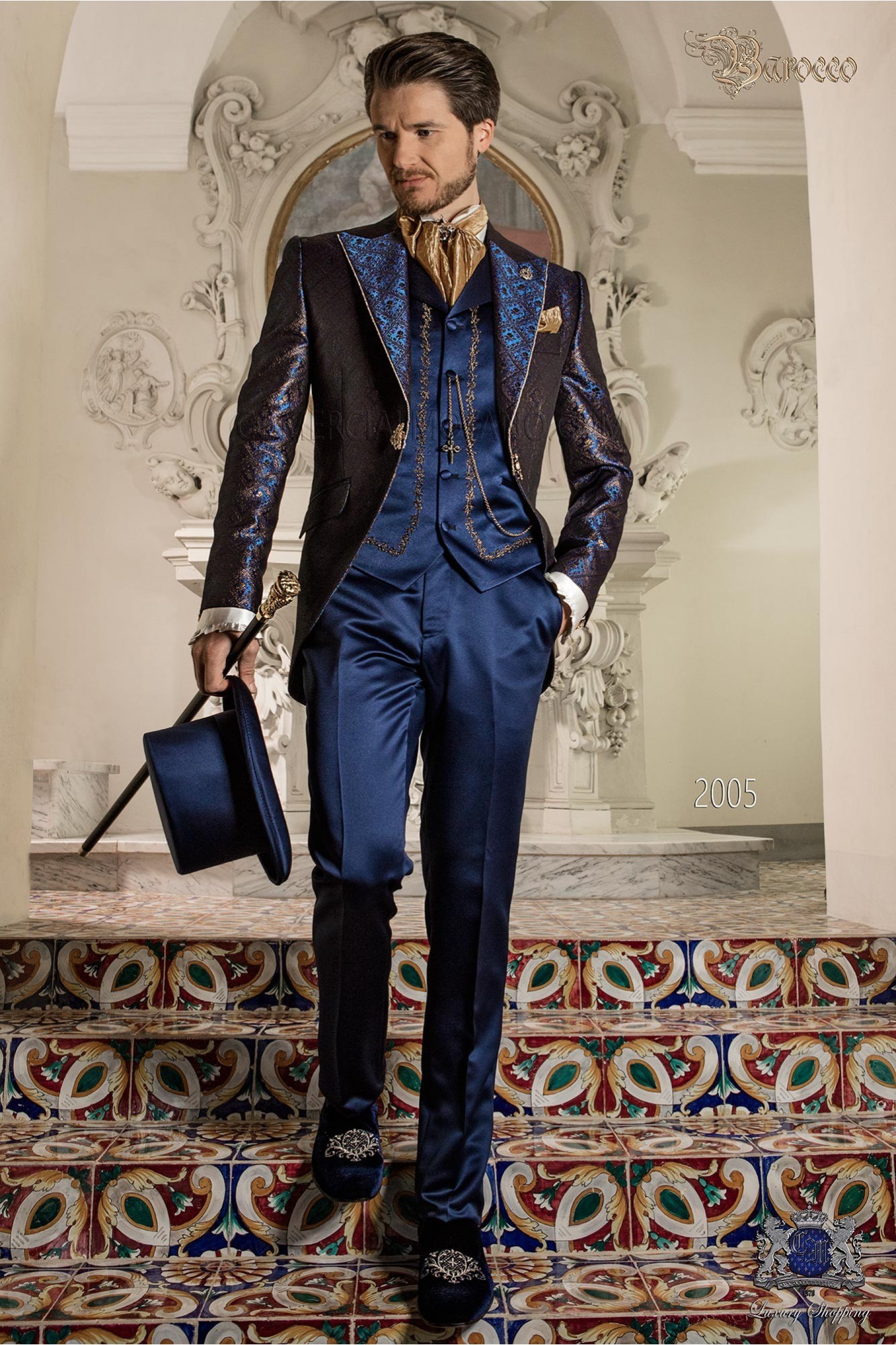 Blue and golden brocade baroque frock coat with gold strass model 2005 Mario Moyano