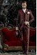 Vintage Men wedding frock coat in red-black brocade fabric with Mao collar with black rhinestones