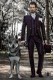Vintage Herren Hochzeit Gehrock in lila-schwarzem Brokat Stoff mit Mao Kragen mit schwarzen Strasssteinen