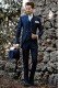 Vintage Herren Hochzeit Gehrock in blau-schwarzem Brokat Stoff mit Mao Kragen mit schwarzen Strasssteinen