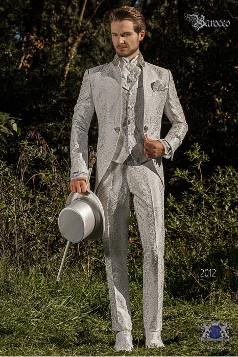 Manteau de mariée Vintage Homme en tissu de brocart gris perle avec col Mao avec strass