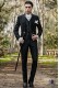 Manteau de mariée Vintage Homme en tissu de brocart noir avec col Mao avec strass noirs