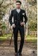 Vintage Men wedding frock coat in black brocade fabric with Mao collar with black rhinestones