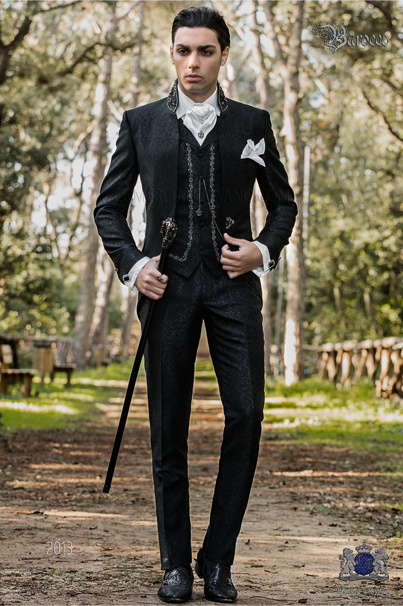 Vintage Men wedding frock coat in black brocade fabric with Mao collar with black rhinestones model 2013 Mario Moyano