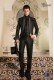 Barocke Hochzeitsanzug, vintage Gehrock in schwarzem Brokat Stoff mit Mao Kragen mit schwarzen Strasssteinen