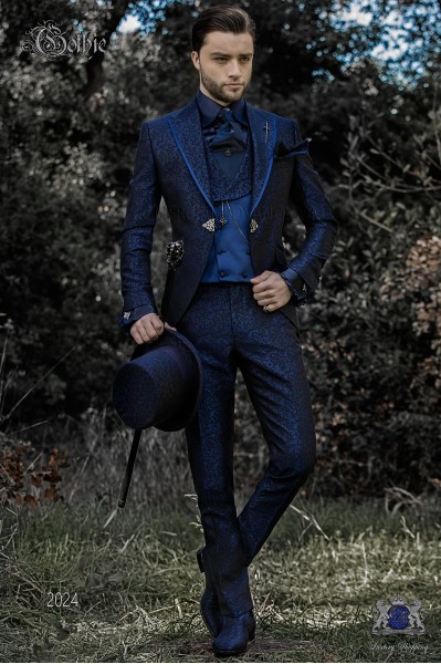 Baroque groom's suit, blue jacquard frock coat with pointed lapels edged with satin profile and clasp closure