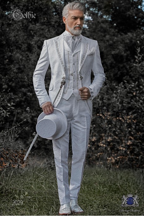 Baroque groom suit, vintage frock coat in white jacquard fabric with silver embroidery and crystal clasp