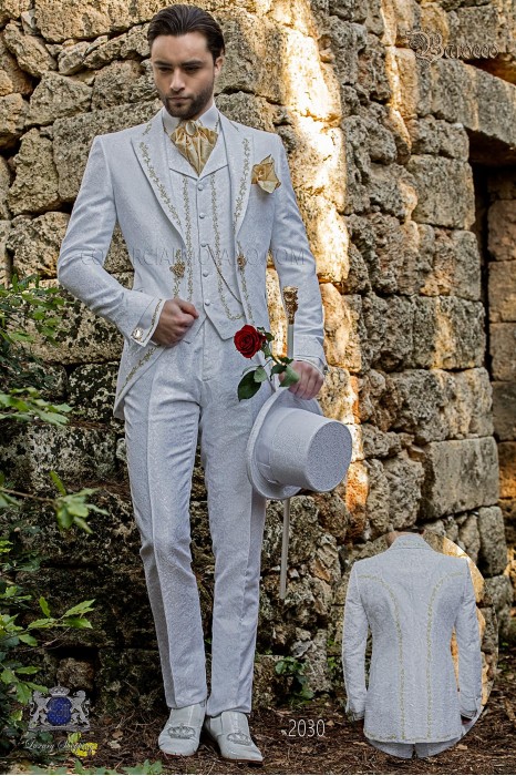 Baroque groom suit, vintage frock coat in white jacquard fabric with golden embroidery and crystal clasp