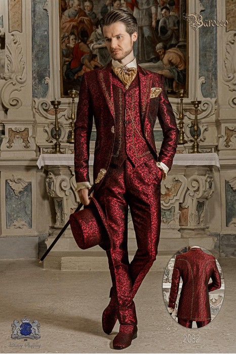 Costume de marié baroque, redingote vintage en tissu jacquard rouge avec broderie en dorée et fermoir en cristal