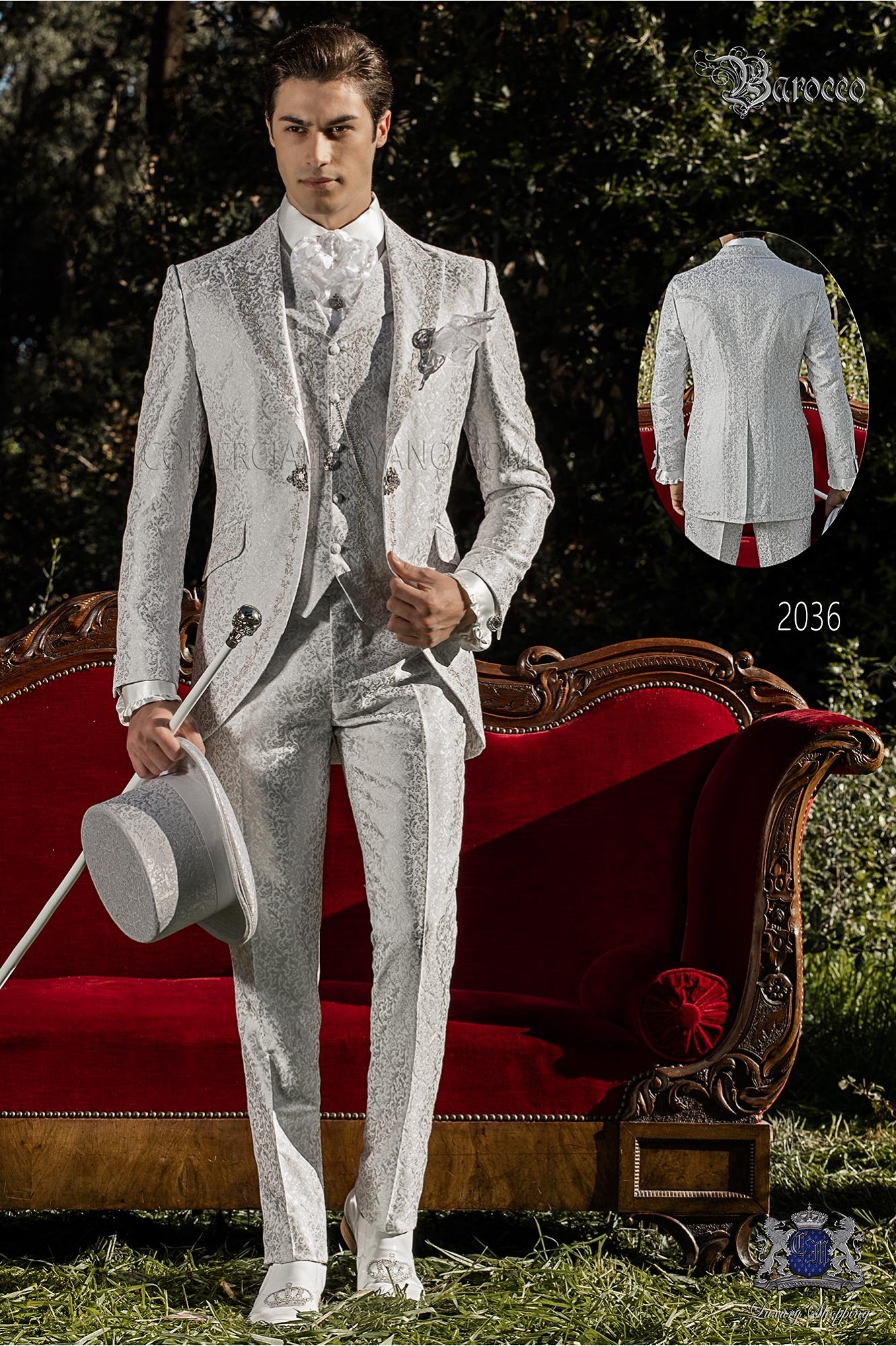 vintage frock coat in pearl gray jacquard fabric with silver embroidery and crystal clasp model 2036 Mario Moyano