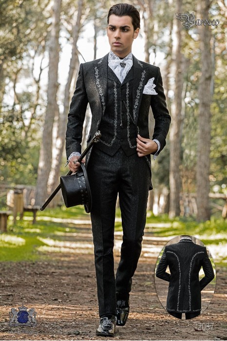 Baroque groom suit, vintage frock coat in black jacquard fabric with silver embroidery and crystal clasp