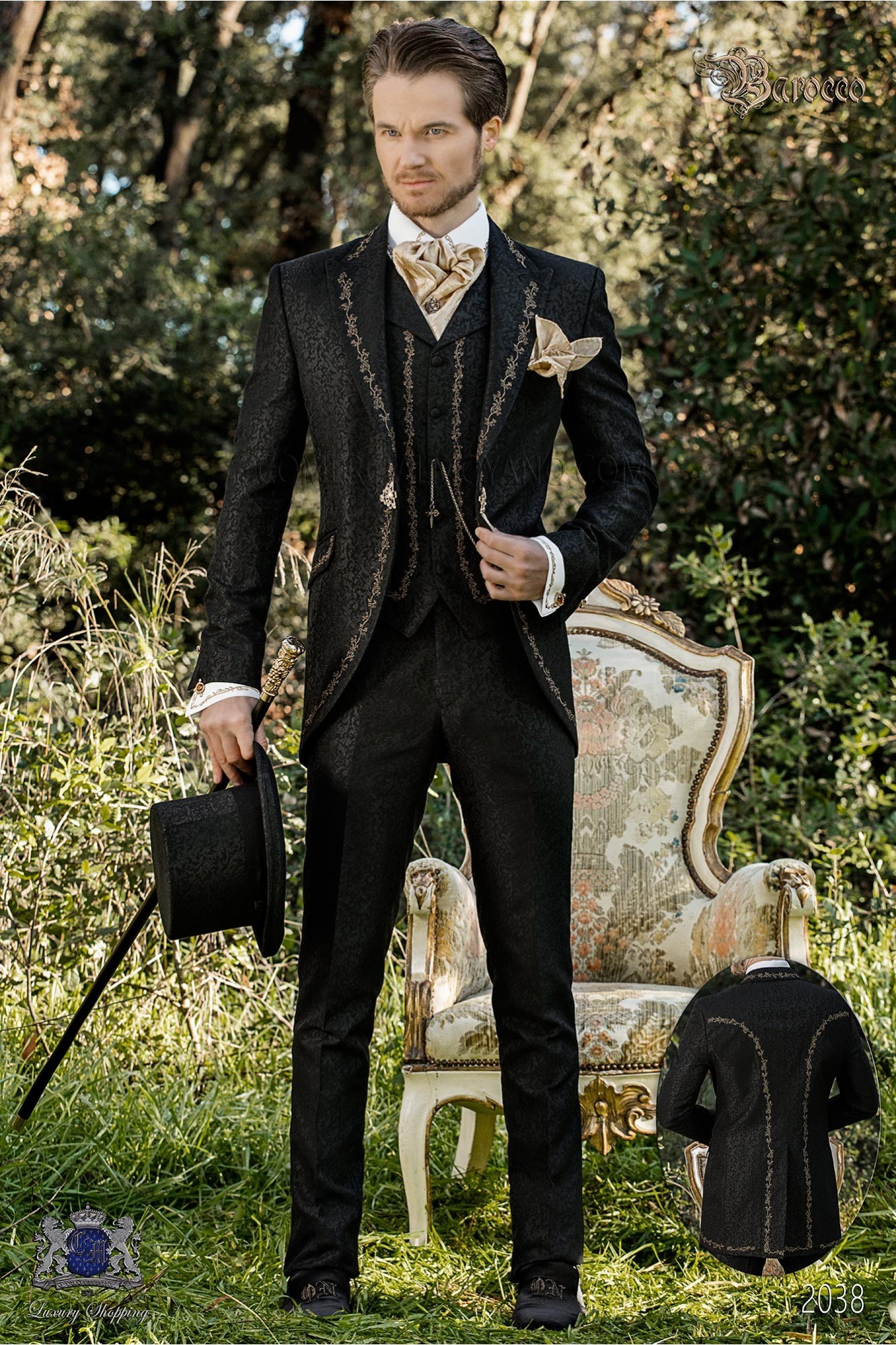 Baroque groom suit, vintage frock coat in black jacquard fabric with golden embroidery and crystal clasp