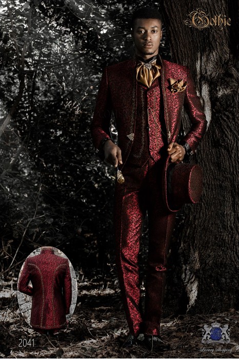 Baroque groom suit, vintage mao collar frock coat in red jacquard fabric with golden embroidery and crystal clasp