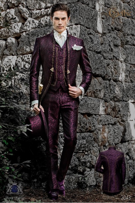Baroque groom suit, vintage mao collar frock coat in purple jacquard fabric with golden embroidery and crystal clasp