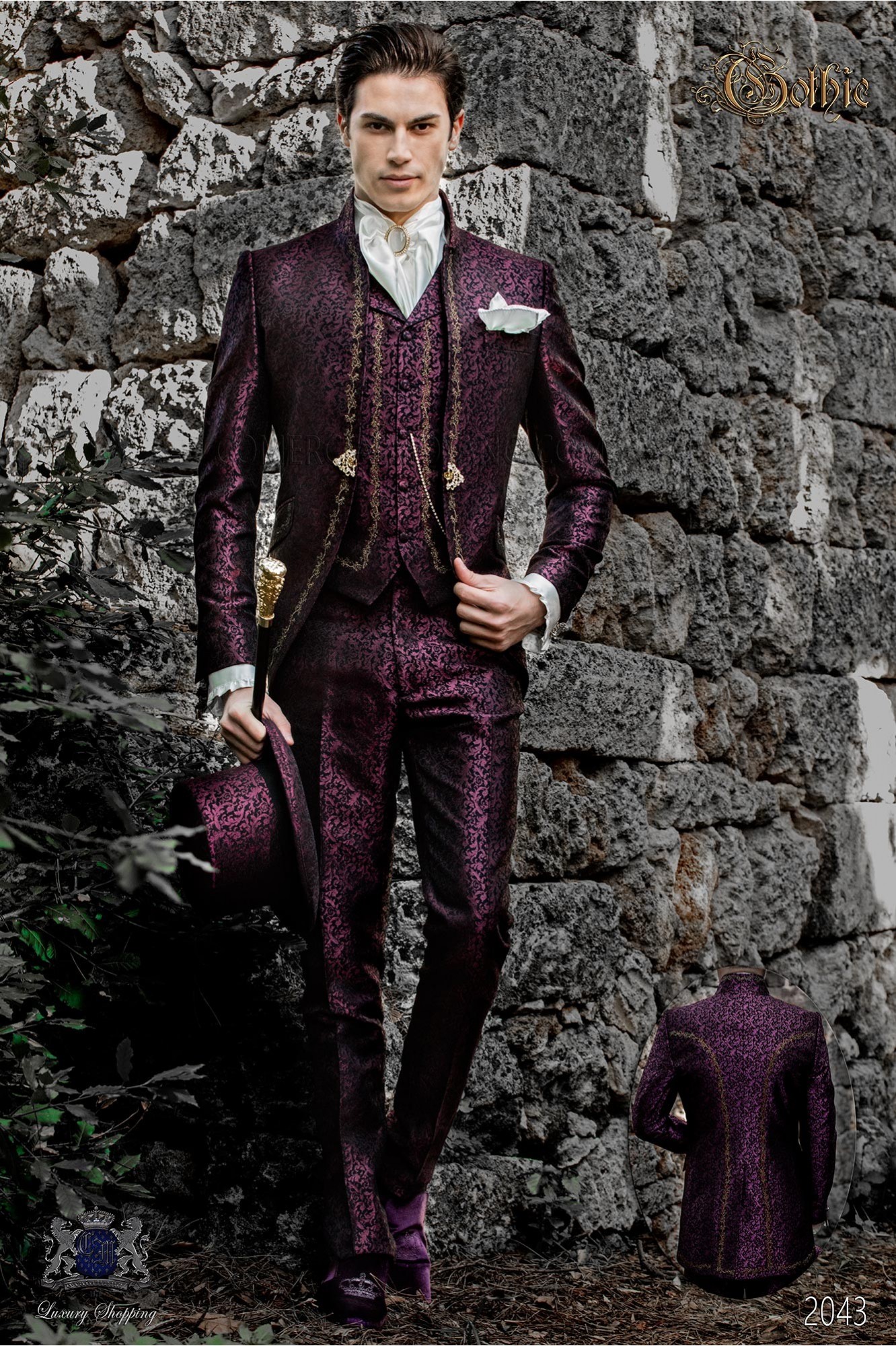 Baroque groom suit, vintage mao collar frock coat in purple jacquard fabric with golden embroidery and crystal clasp