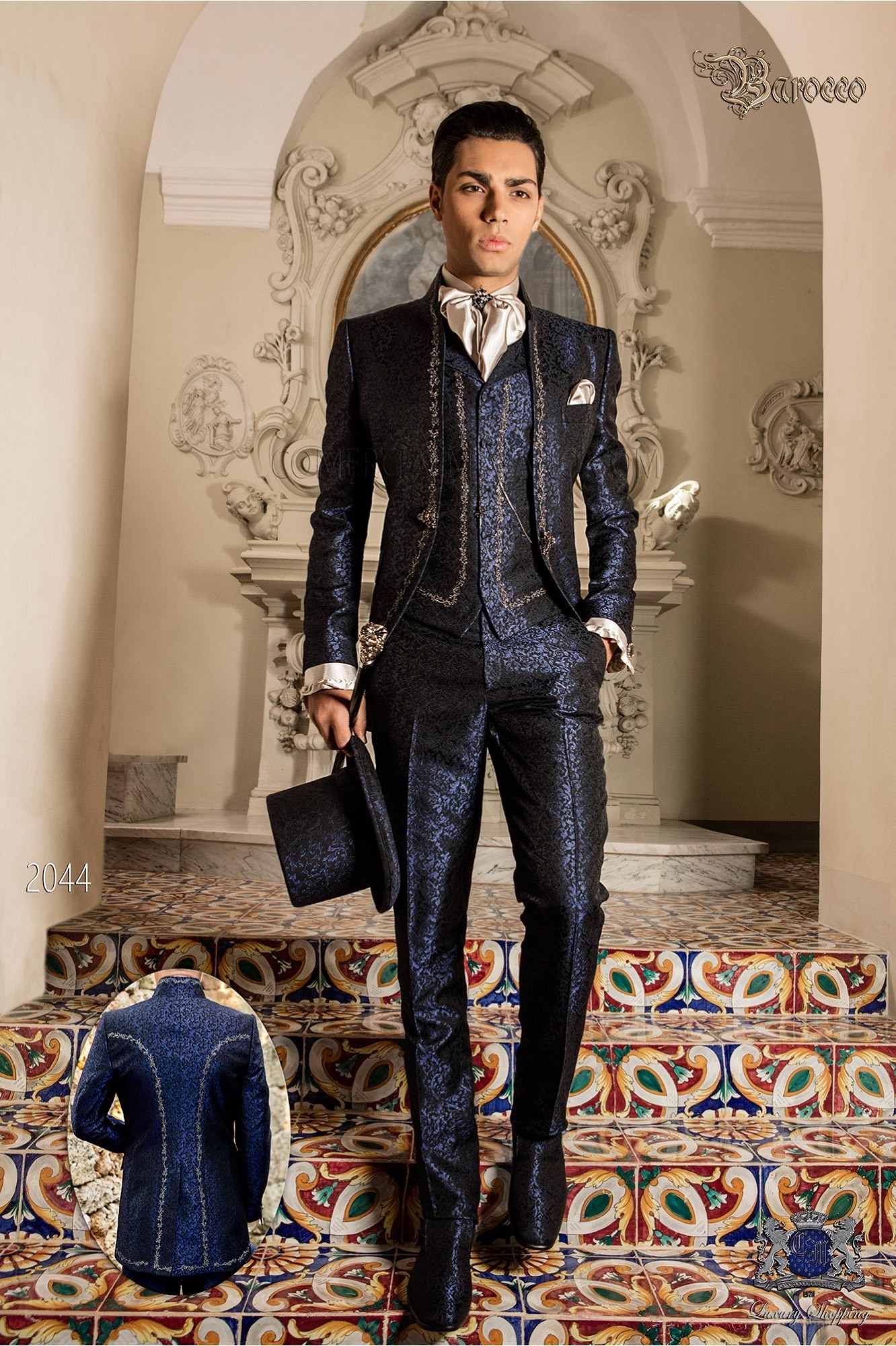 vintage mao collar frock coat in blue jacquard fabric with silver embroidery and crystal clasp model 2044 Mario Moyano