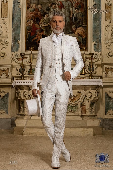 Baroque groom suit, vintage mao collar frock coat in pearl gray jacquard fabric with silver embroidery and crystal clasp