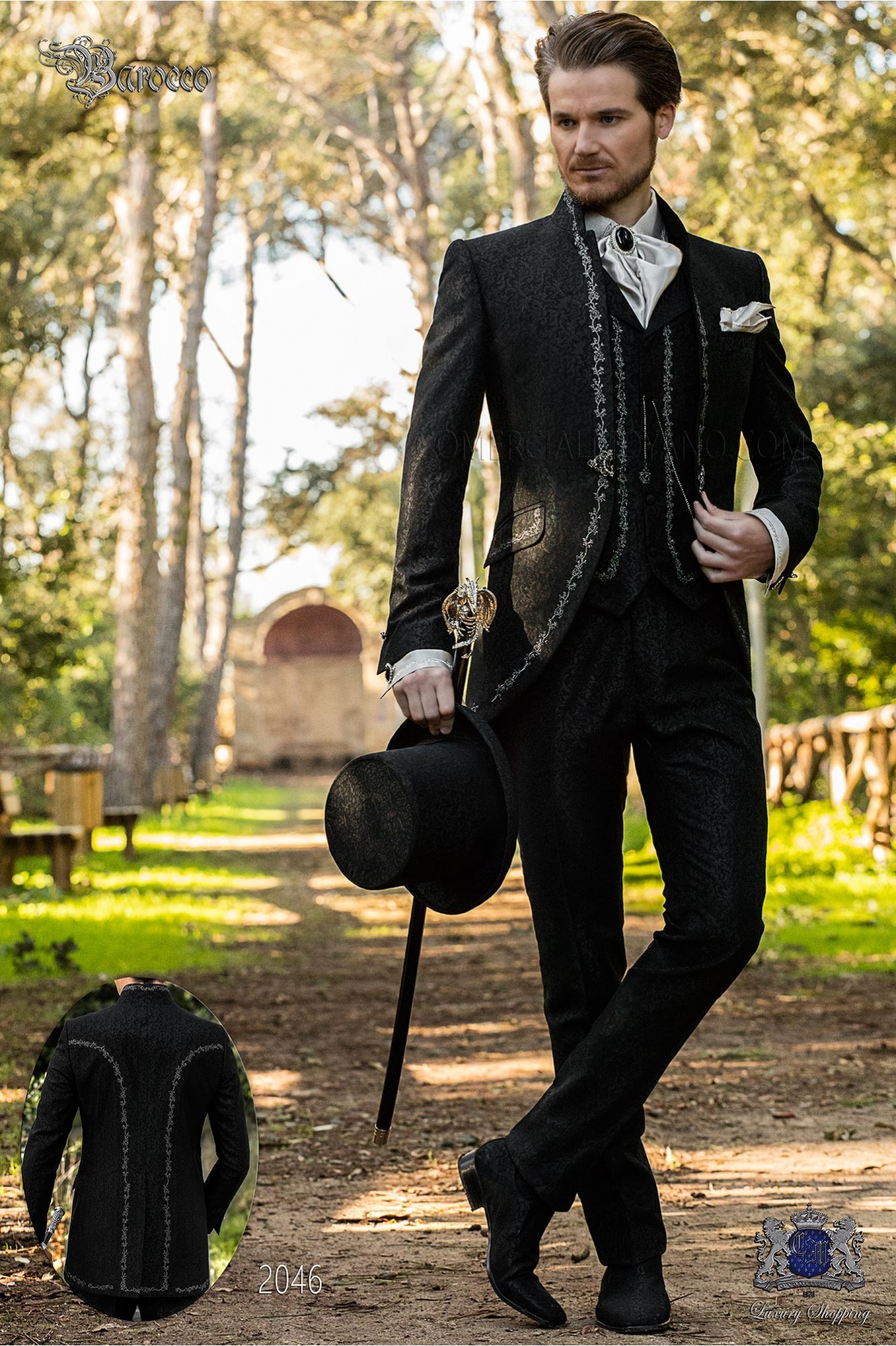 Baroque groom suit, vintage mao collar frock coat in black jacquard fabric with silver embroidery and crystal clasp