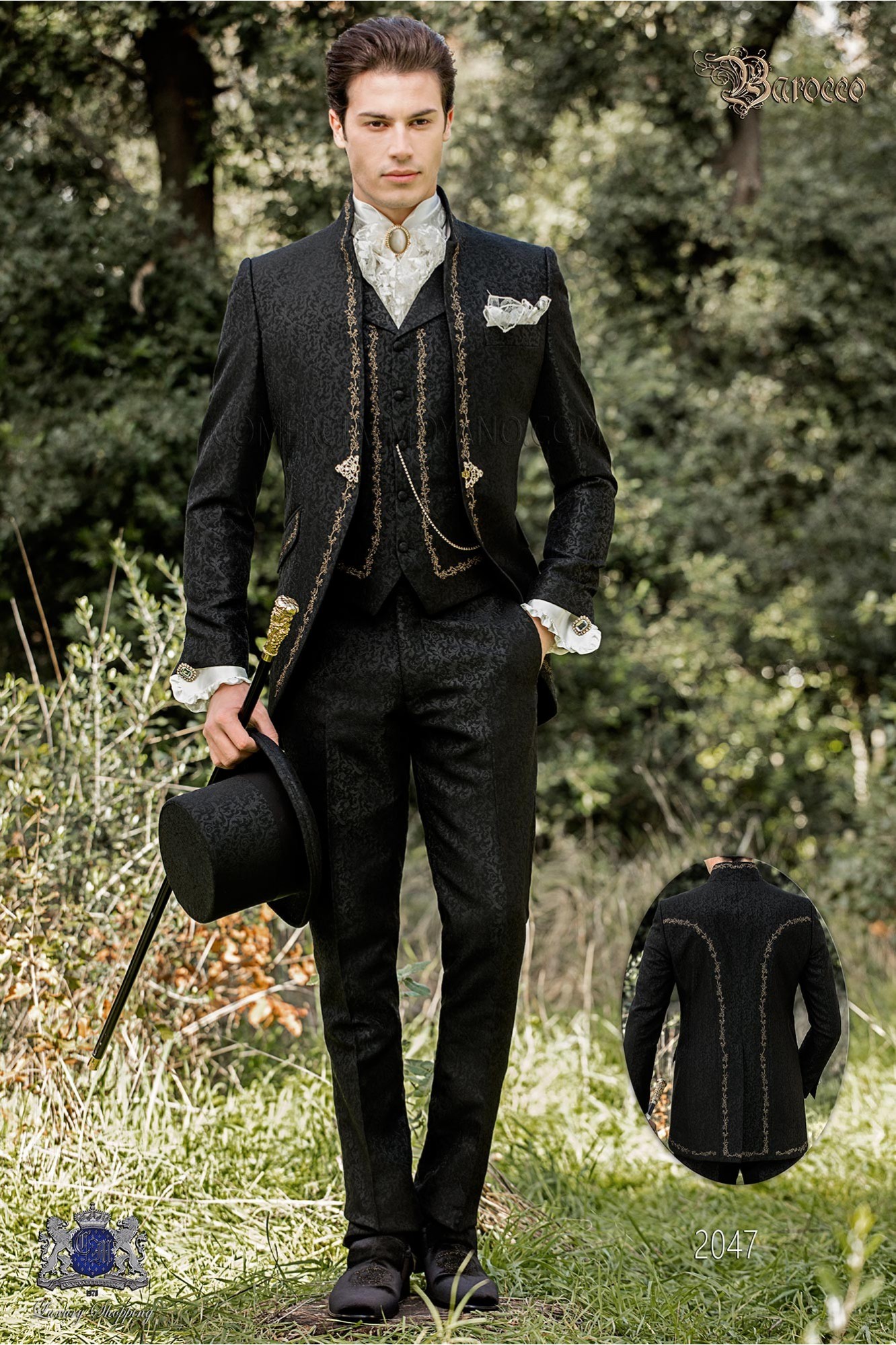 Baroque groom suit, vintage mao collar frock coat in black jacquard fabric with golden embroidery and crystal clasp