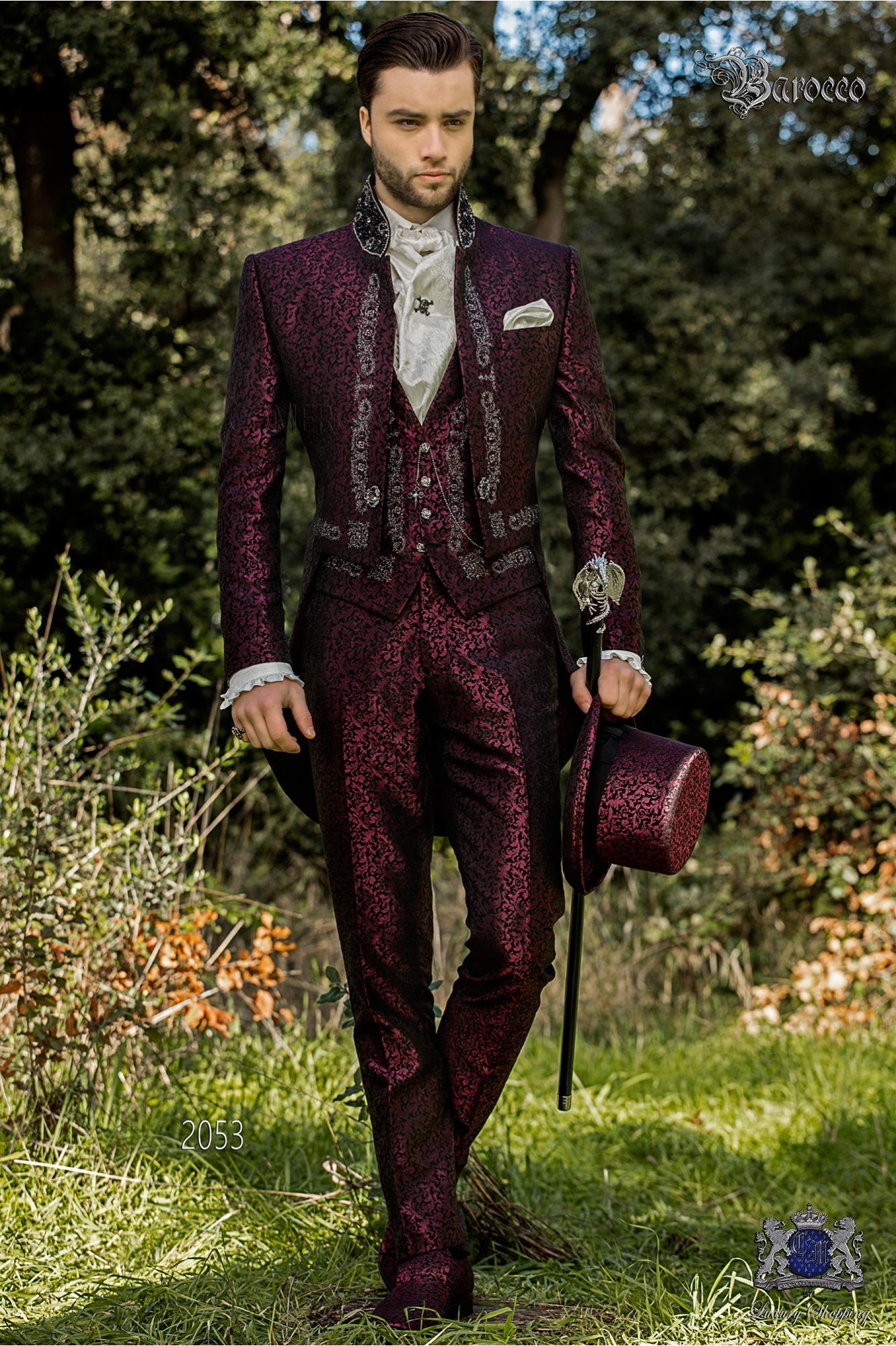 Baroque purple jacquard tailcoat with silver embroidery, crystal rhinestones on Mao collar and crystal brooch model 2053 Mario Moyano