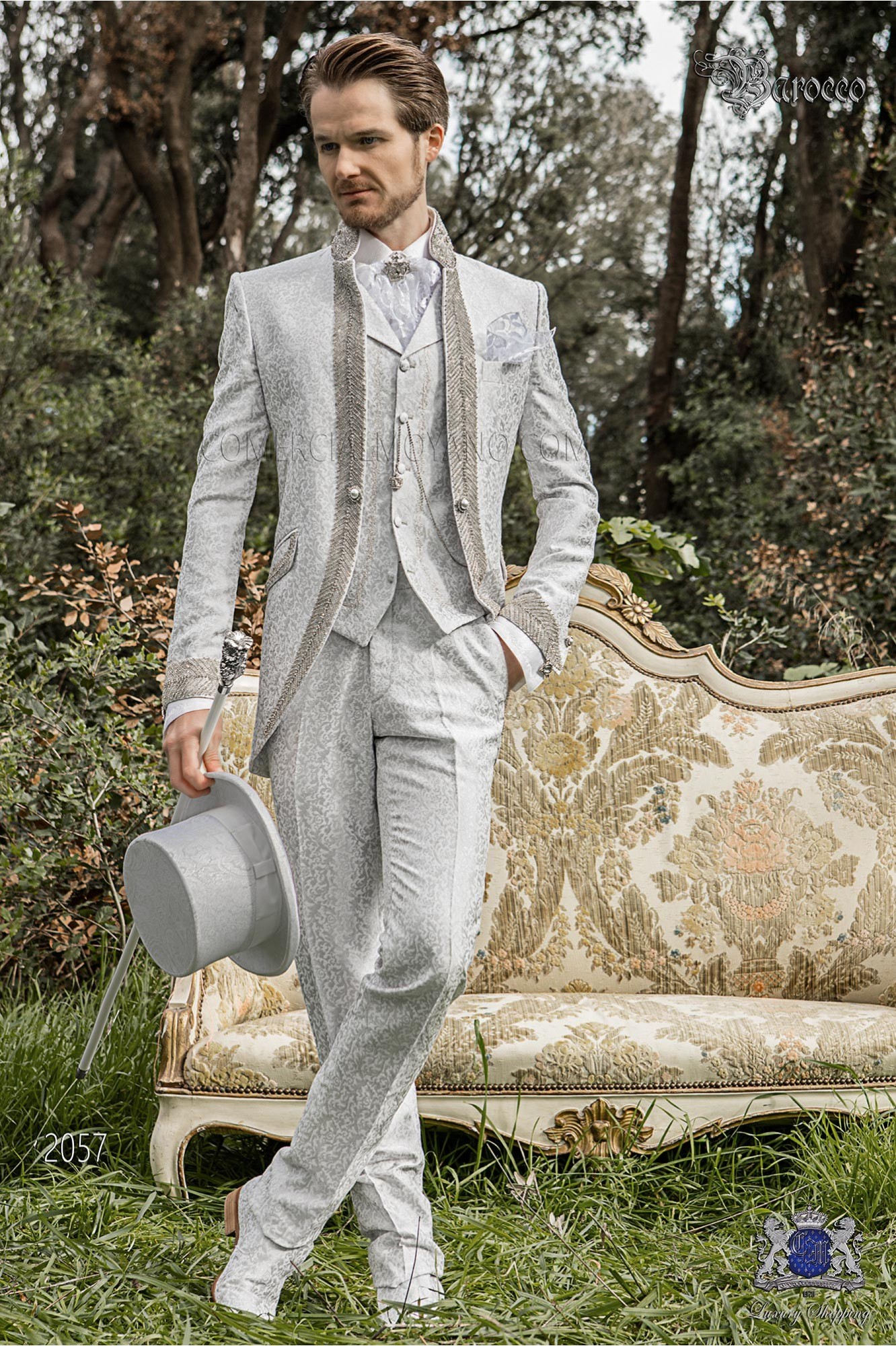 vintage Mao collar frock coat in pearl gray floral brocade fabric with rhinestones model 2057 Mario Moyano