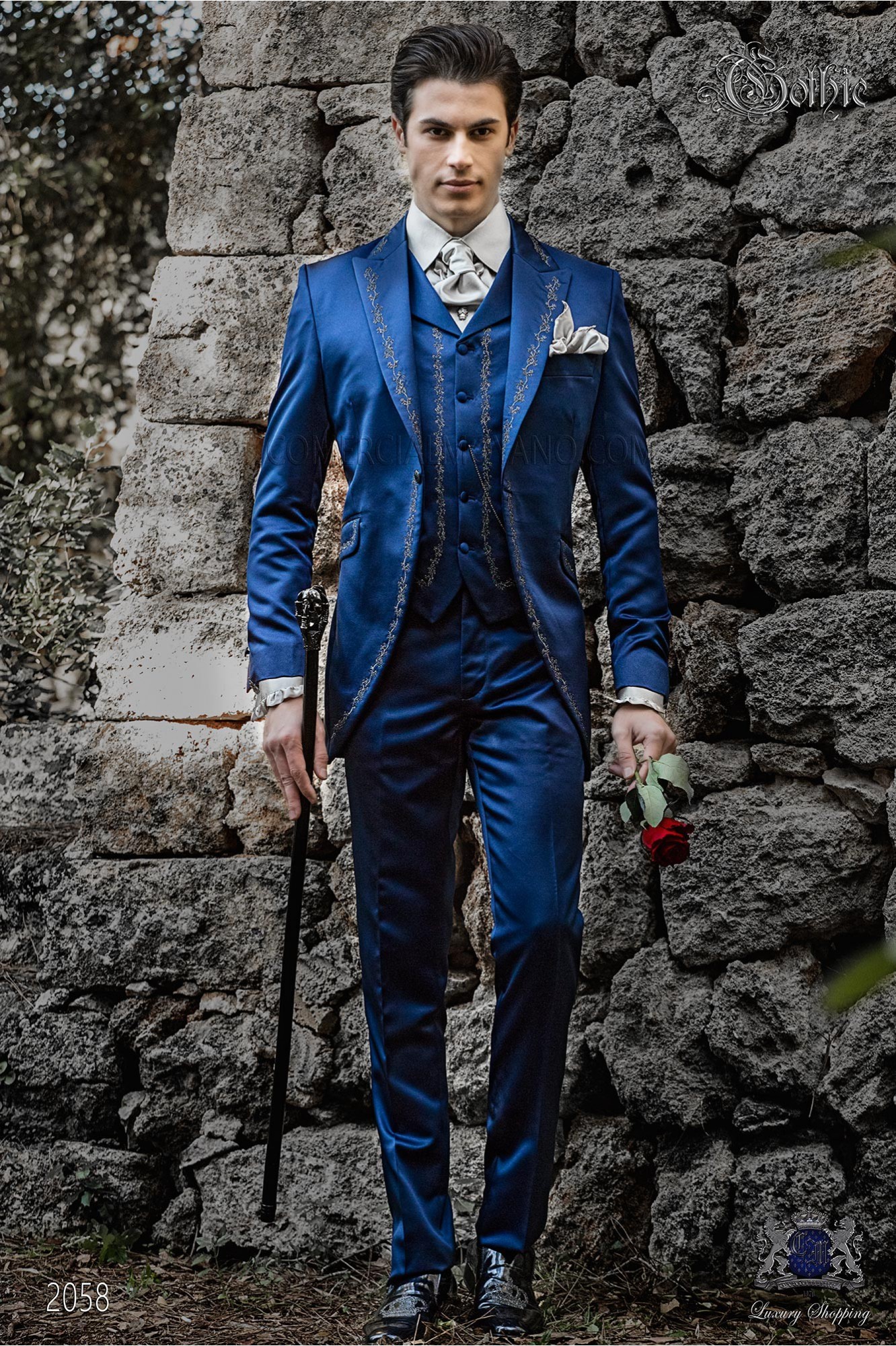 Baroque groom suit, vintage frock coat in blue satin fabric with silver embroidery and crystal clasp