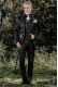 Baroque groom suit, vintage frock coat in black satin fabric with silver embroidery