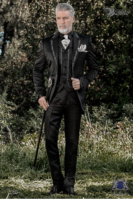 Costume de marié baroque, redingote vintage en tissu satiné noir avec broderie en argent