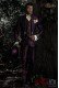 Baroque groom suit, vintage Napoleon collar frock coat in purple jacquard fabric with golden embroidery and crystal clasp