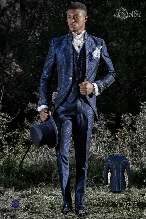 Costume de marié baroque, redingote col Napoléon vintage en tissu jacquard bleu avec broderie en d'argent et fermoir en cristal