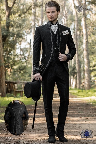 Baroque groom suit, vintage Napoleon collar frock coat in black jacquard fabric with silver embroidery and crystal clasp