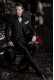 Costume de marié baroque, redingote vintage col Napoléon en tissu jacquard noir avec broderie en d'argent et fermoir en cristal