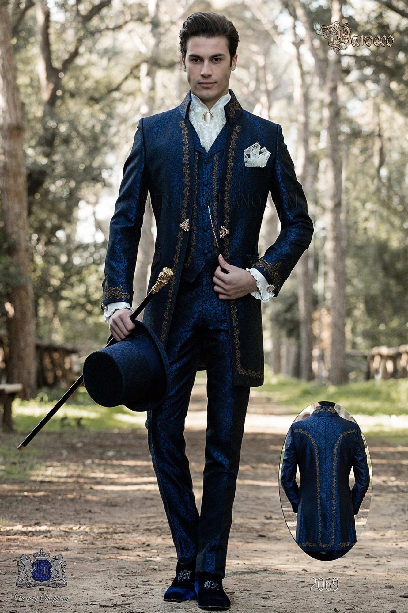 Baroque groom suit, vintage Napoleon collar frock coat in blue jacquard fabric with golden embroidery and crystal clasp