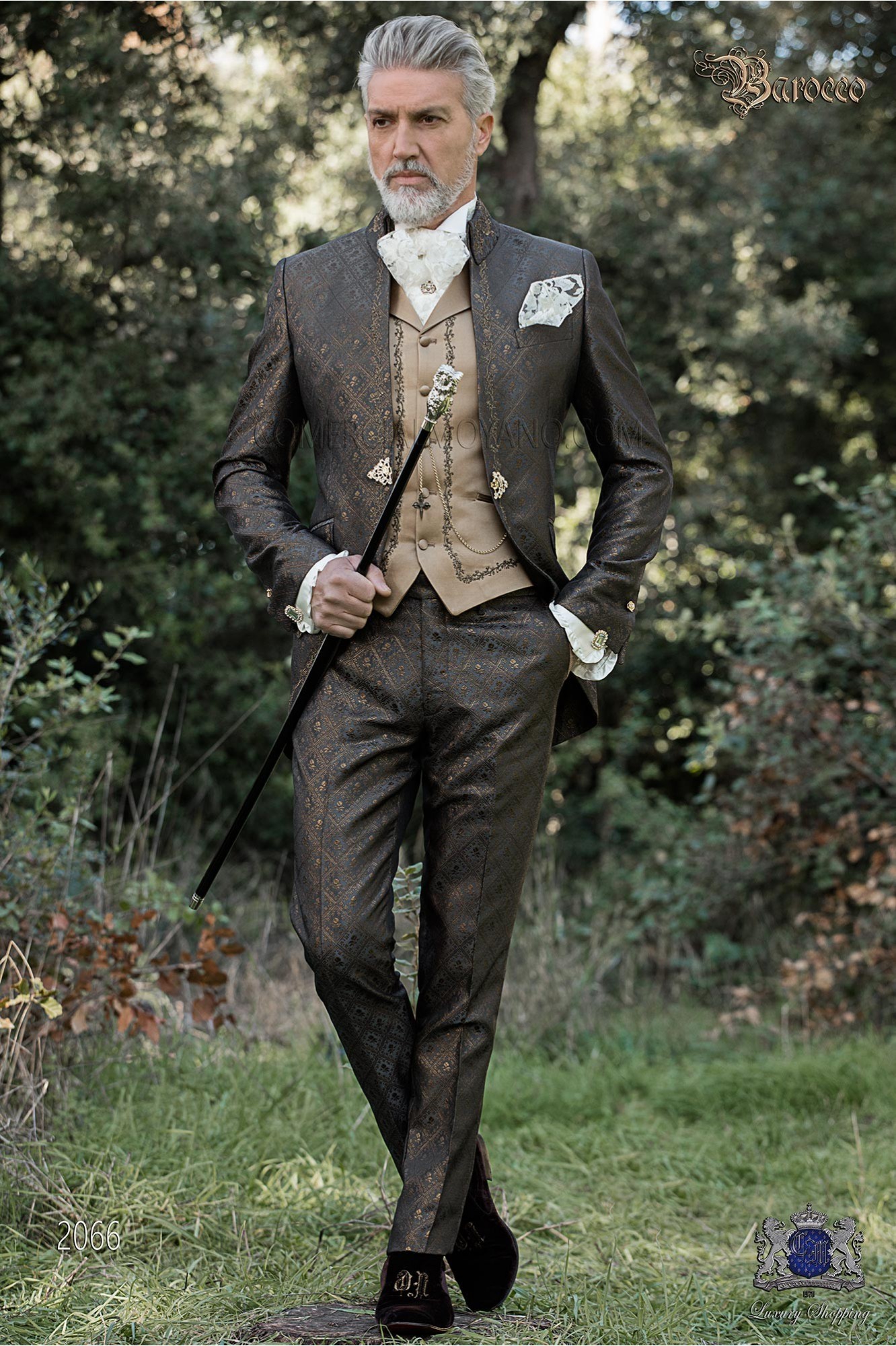 Baroque groom suit, vintage Napoleon collar frock coat in gray-gold jacquard fabric with golden embroidery
