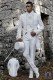 Baroque groom suit, vintage Napoleon collar frock coat in white jacquard fabric with silver embroidery and crystal clasp
