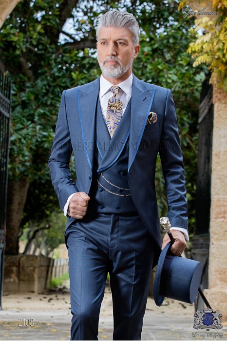 Elegant Italian frock coat tailoring cut "Slim", an opening. Prince of Wales blue fabric.