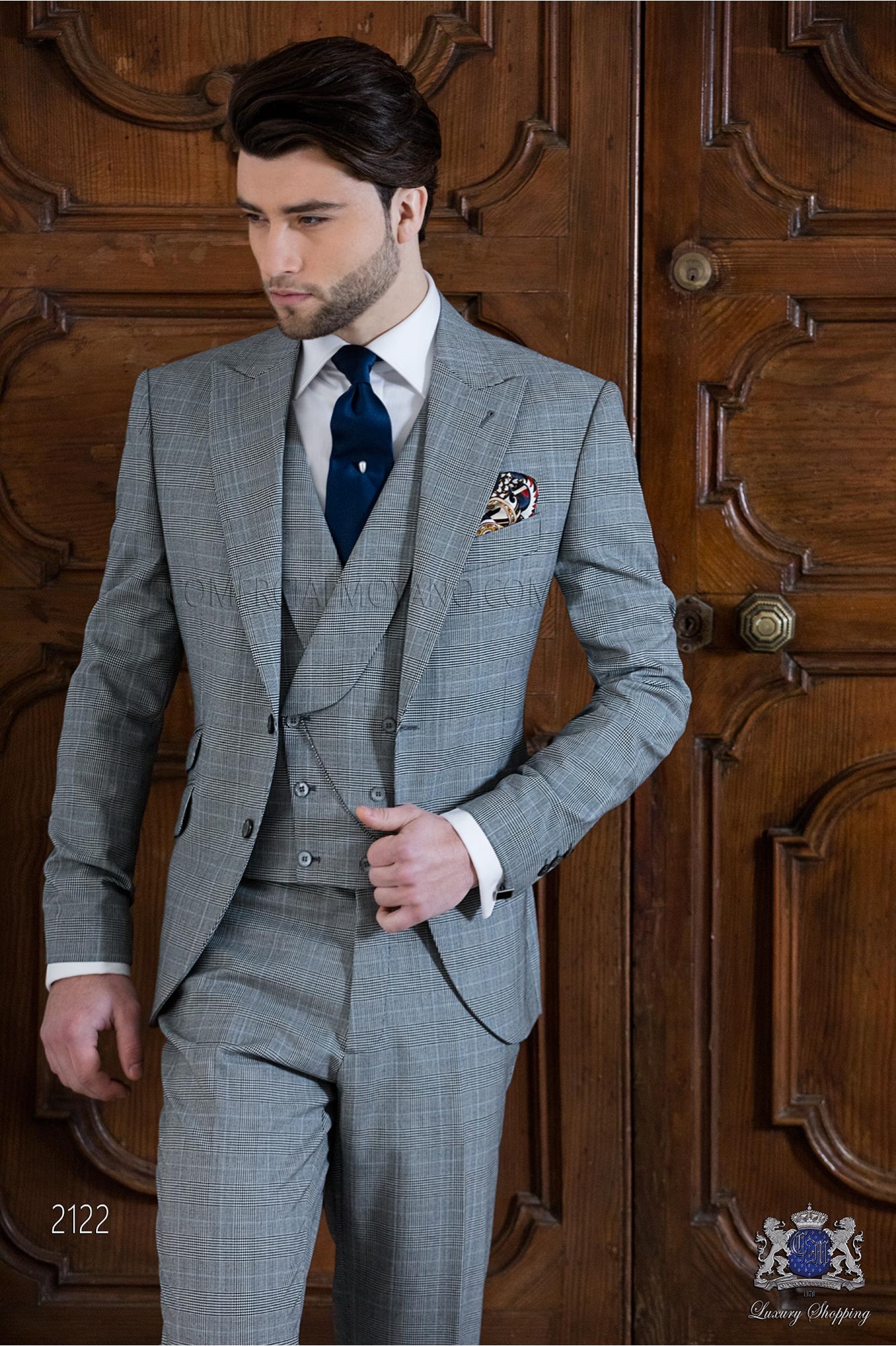 Traje de novio Príncipe de Gales gris y celeste modelo: 2122 Mario Moyano colección Gentleman