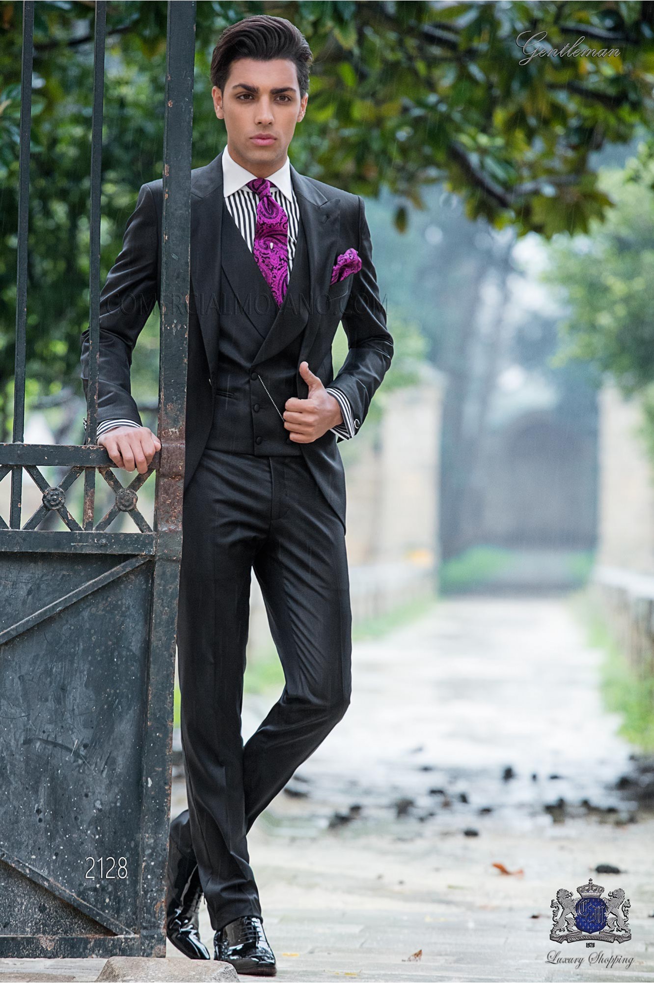 Italian black fashion groom suit. Peak lapels and 1 button. Pure wool fabric model 2128 Mario Moyano